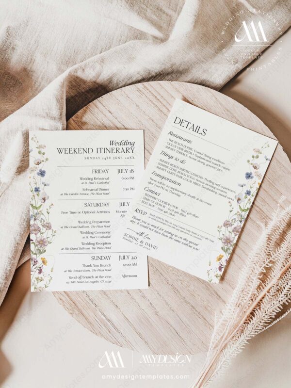 Cream Boho Wedding Invitation Templates | Floral Wedding Set Editable Printable Wedding Weekend Order of Events | Wedding Itinerary Template