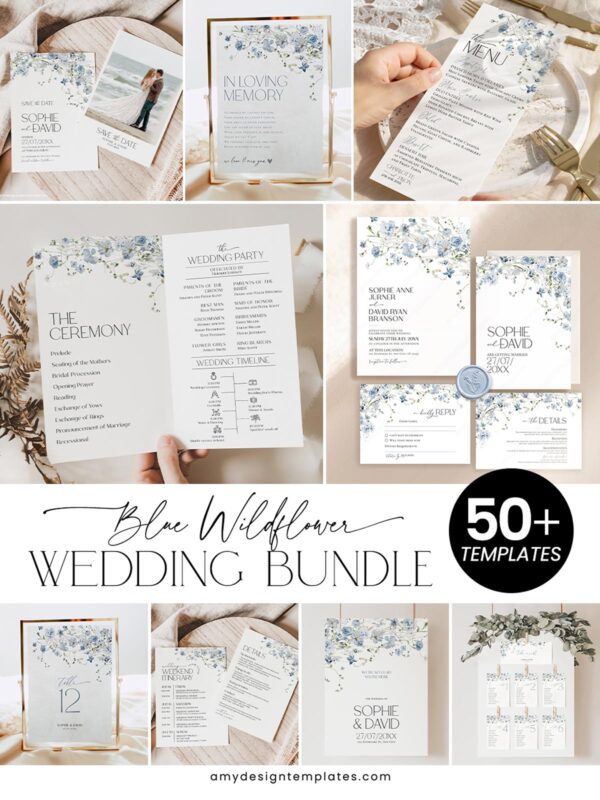 Blue Wildflower Wedding Template BUNDLE | Invitation, Save The Date, Menu & Signs