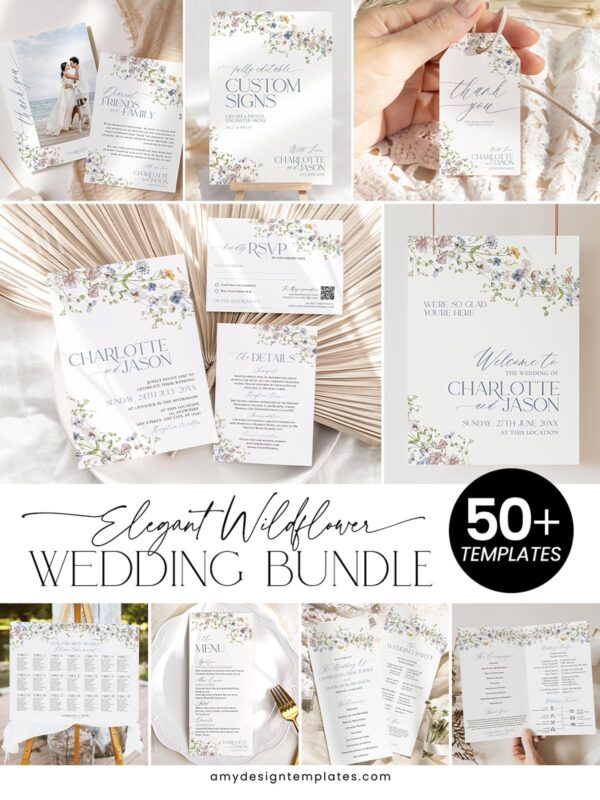 Elegant Wildflower Wedding Bundle Template | 50+ Templates for Invitations, Signage & Reception Instant Download