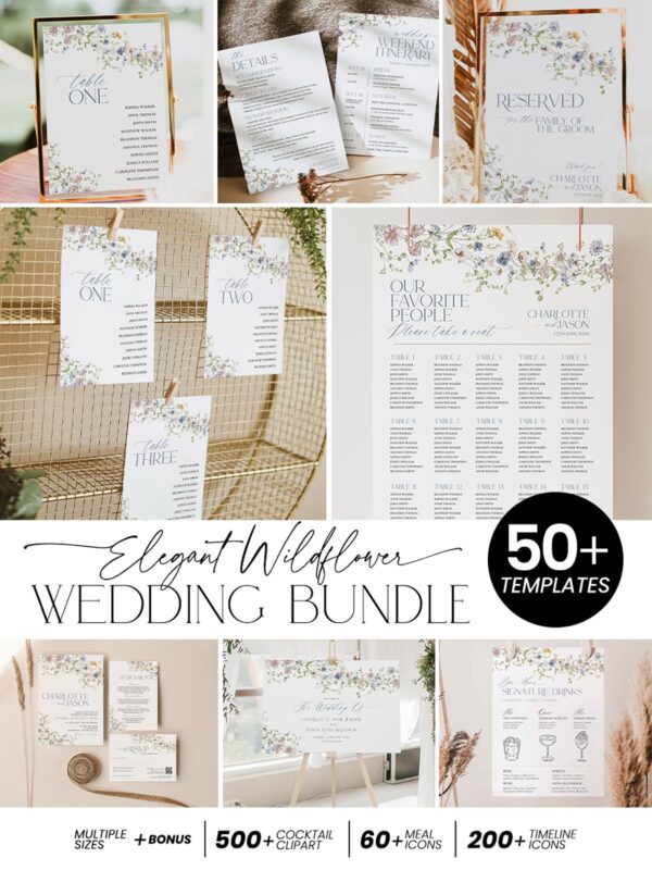 Elegant Wildflower Wedding Bundle Template | 50+ Templates for Invitations, Signage & Reception Instant Download