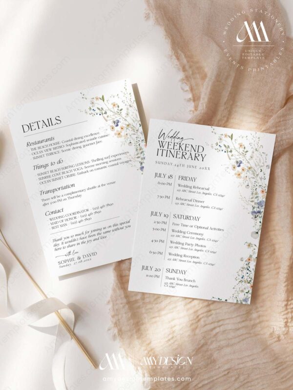 Wedding Itinerary Welcome Note Template | Editable Weekend Timeline Printable Card