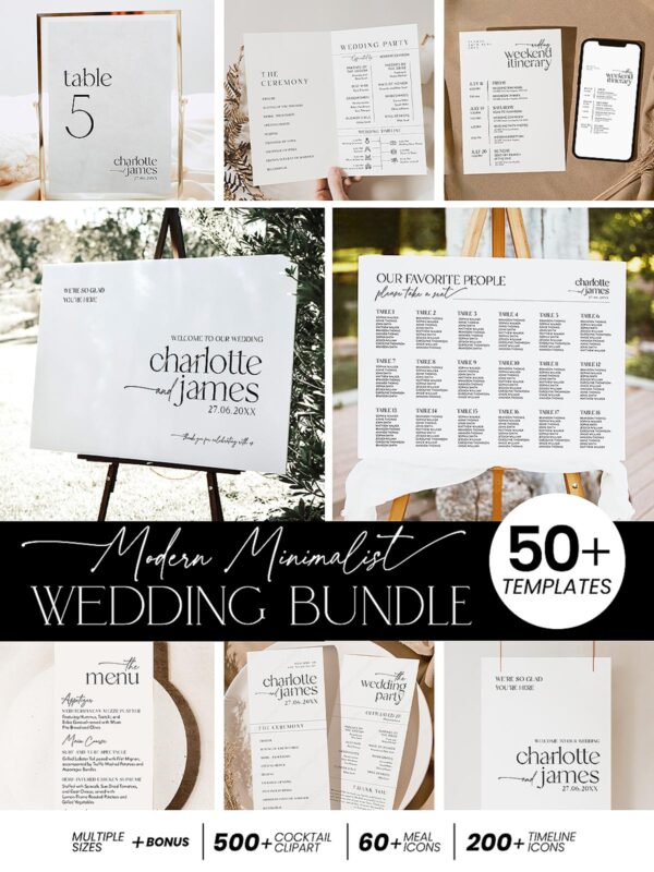 Modern Minimalist Wedding Template BUNDLE | 50+ Templates Invitations, Menu & Signs