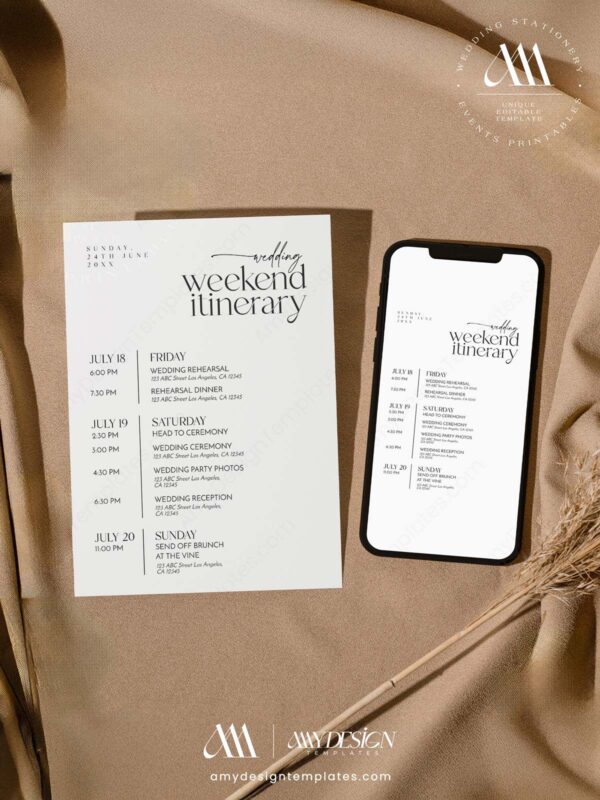 5+ Free Boho Wedding Itinerary Templates: Guide Your Guests with Style Minimalist Wedding Weekend Itinerary Editable Template | Weekend Welcome Bag