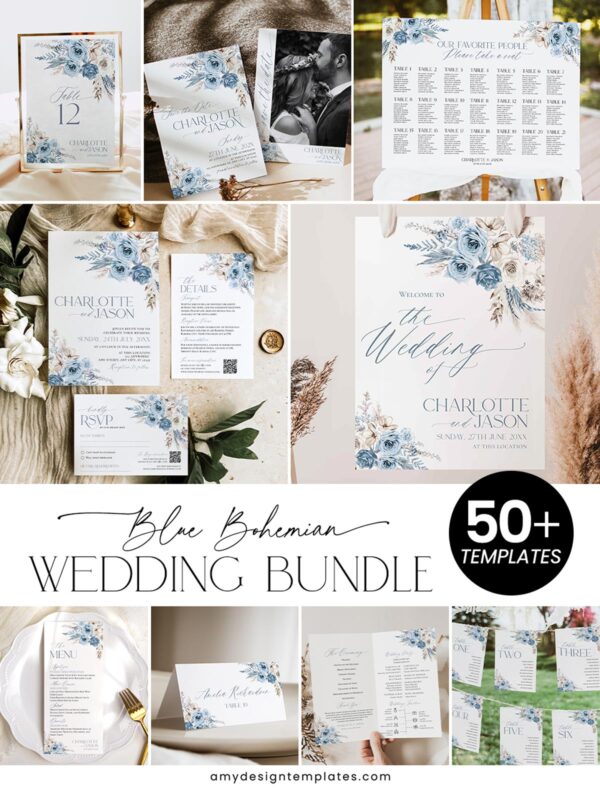 Blue Bohemian Wedding Invitation BUNDLE | 50+ Editable Templates Invitations Suite & Signs
