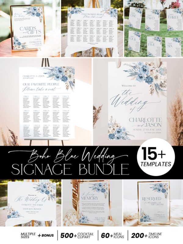 DIY Wedding Signs Bundle Templates | Blue Bohemian Reception Signage Printable