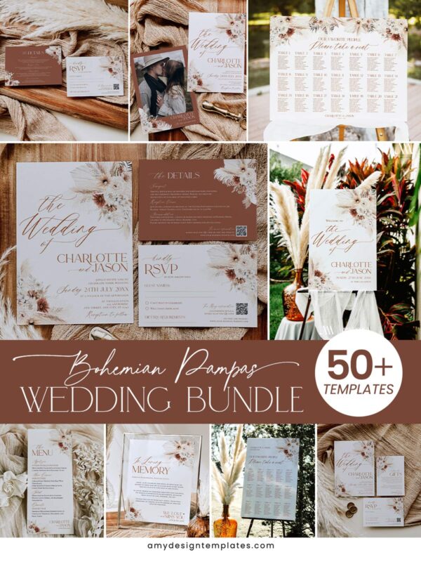 Bohemian Pampas Wedding Template BUNDLE | Invitation Suite & Reception Signs Templates