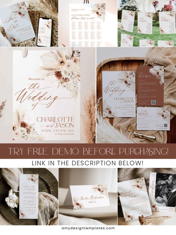 Bohemian Pampas Wedding Template BUNDLE | Invitation Suite & Reception Signs Templates