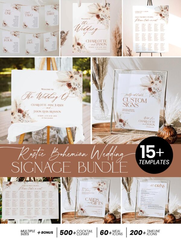 Rustic Bohemian Wedding Signage Template Bundle | Reception Sign Printable