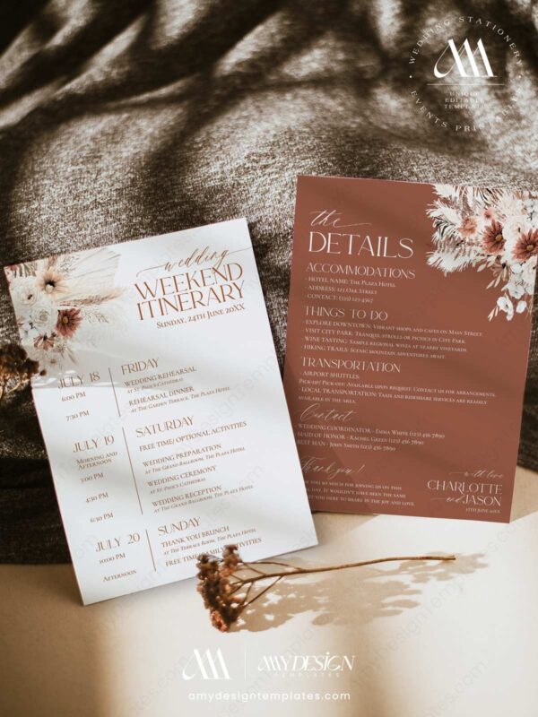 Printable Wedding Weekend Timeline Schedule | Weekend Itinerary Template | Boho Wedding