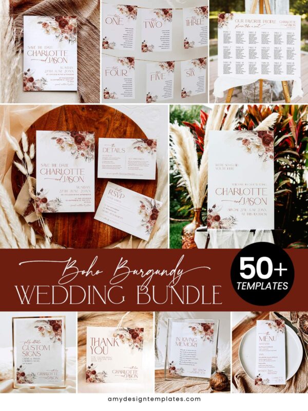 Burgundy Boho Wedding Template BUNDLE | Complete Kit of Invitations, Programs, and Event Signage