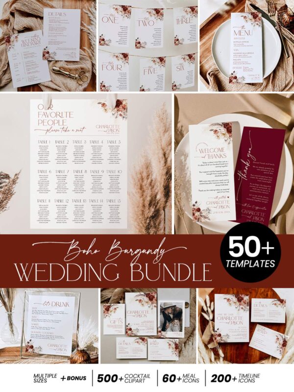 Burgundy Boho Wedding Template BUNDLE | Complete Kit of Invitations, Programs, and Event Signage