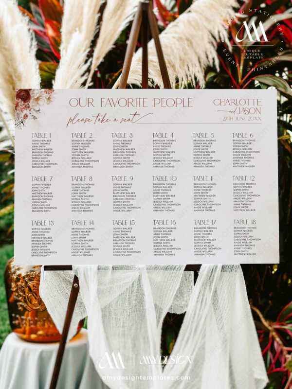 Burgundy Wedding Seating Chart Signage Template