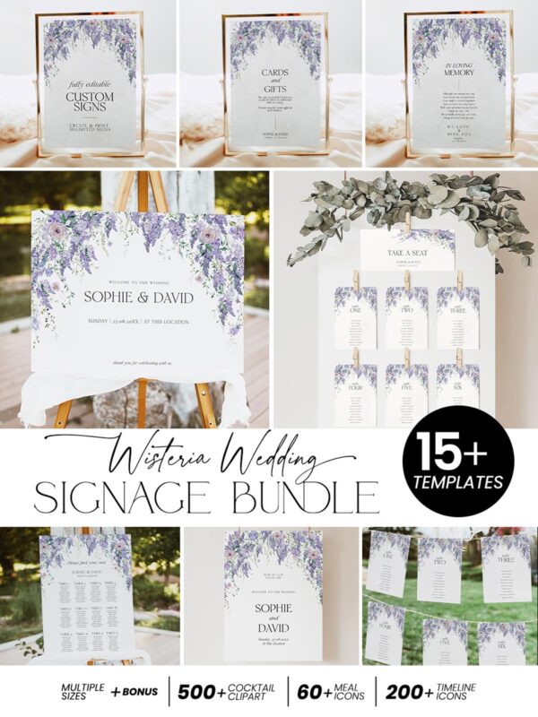 Purple Floral Wedding Signs Template Bundle | Wisteria Signage Printable