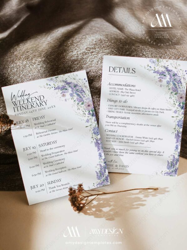Wedding Weekend Itinerary Template Destination | Wedding Day Itinerary | Purple Wisteria Floral