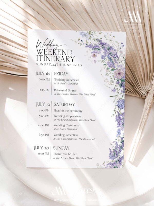 Wedding Weekend Itinerary Template Destination | Wedding Day Itinerary | Purple Wisteria Floral