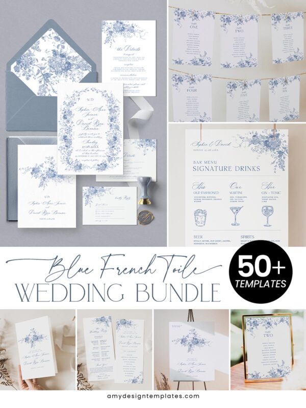 Blue French Toile Wedding Invitations Template BUNDLE | DIY Bundle for Invites, Menu & Signs (50+ Templates)