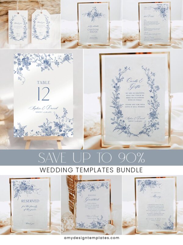 Blue French Toile Wedding Invitations Template BUNDLE | DIY Bundle for Invites, Menu & Signs (50+ Templates)