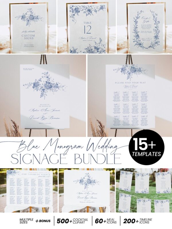 Monogram Wedding Sign Template Bundle | Blue French Toile Reception Signs Printable