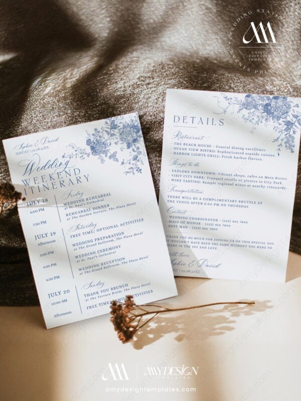 Blue French Toile Wedding Invitations Template BUNDLE | Monogram Wedding Invites, Menu & Signs Blue French Toile Wedding Invitations Template BUNDLE | Blue Toile de Jouy Wedding Weekend Itinerary