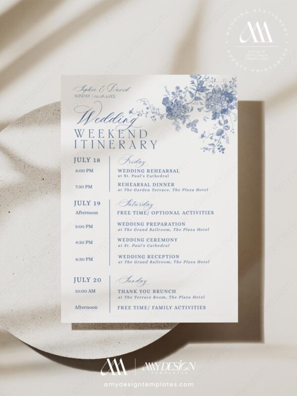 Pink Monogram Wedding Invitation Card Templates | Vintage Floral Wedding Set Blue Toile de Jouy Wedding Weekend Itinerary | French Floral Welcome Bag Letter Template
