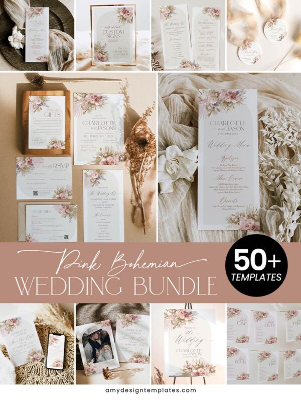Pink Bohemian Wedding Invitations Template BUNDLE | 50+ Editable Dusty Rose Invitation Suite & Boho Signs
