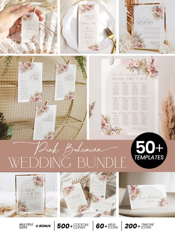 Pink Bohemian Wedding Invitations Template BUNDLE | 50+ Editable Dusty Rose Invitation Suite & Boho Signs