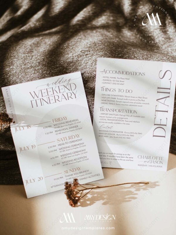 Modern Minimal Wedding Itinerary Template | Editable Weekend Schedule