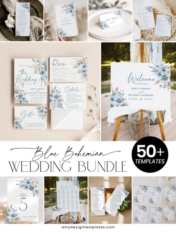 Blue Bohemian Wedding Template BUNDLE | 50+ Editable Dusty Blue Invitation Suite & Boho Signs