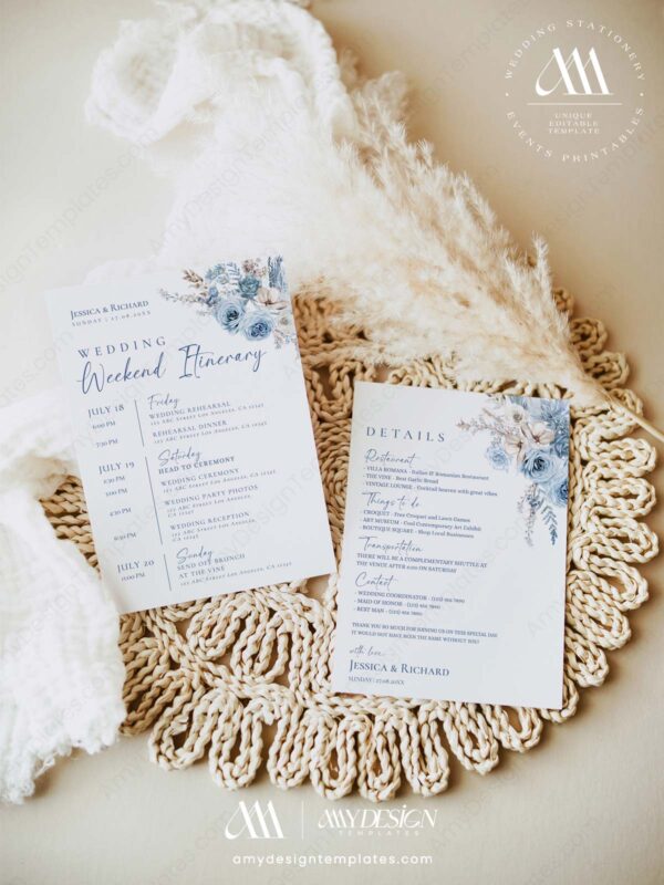 Wedding Weekend Timeline Printable | Dusty Blue Wedding Weekend Itinerary Template