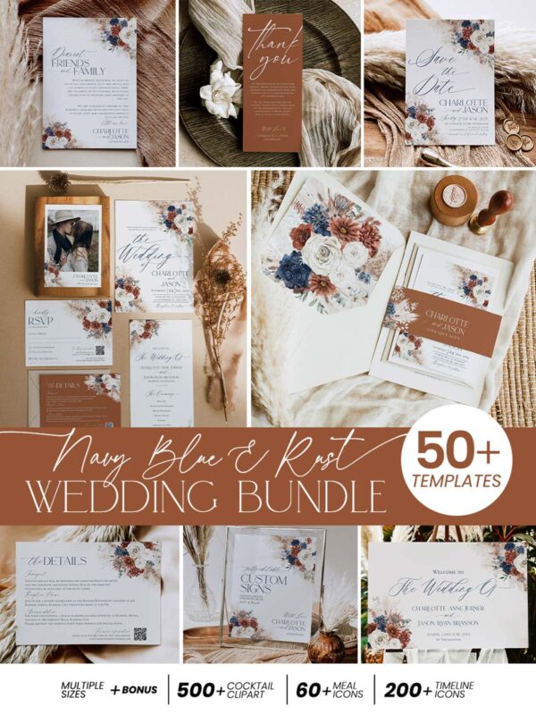 Navy Blue & Rust Wedding Template BUNDLE | 50+ Templates Editable Rustic Invitation Suite & Boho Signs