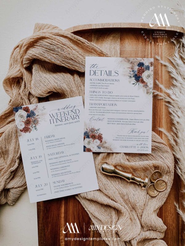 Navy Rust Wedding Itinerary Template | Welcome Itinerary Timeline