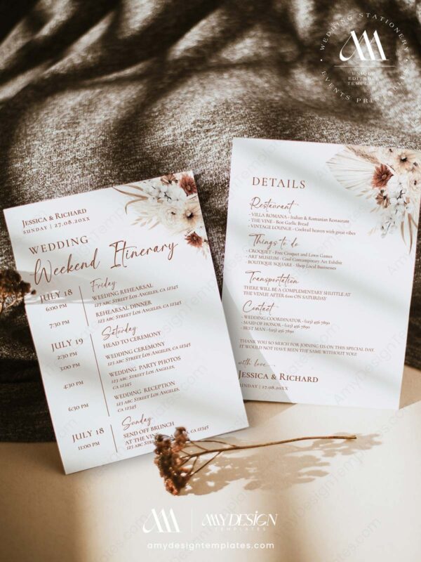 Boho Wedding Itinerary Template | Weekend Events Timeline Template