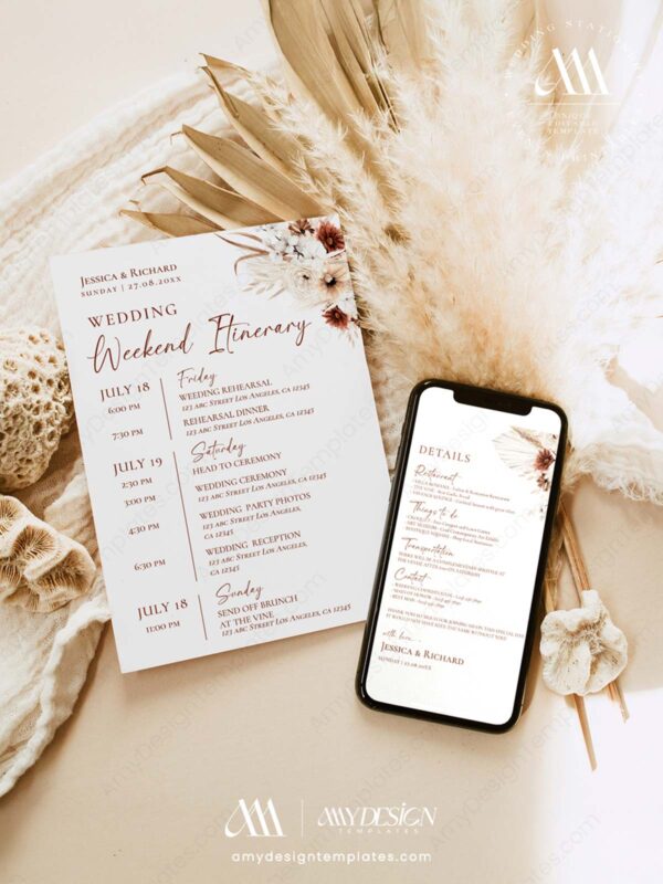 5+ Free Boho Wedding Itinerary Templates: Guide Your Guests with Style Collection of wedding itinerary templates at Amy Design Templates D021