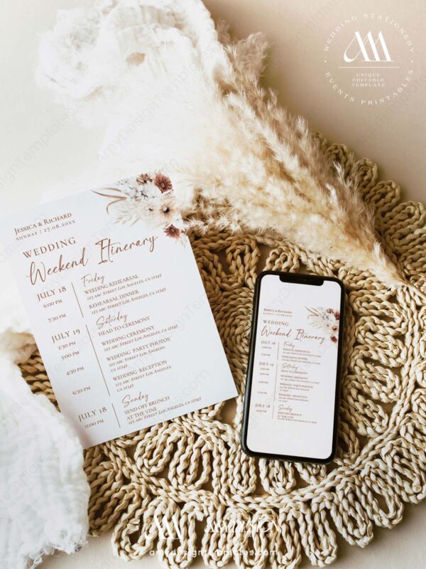 Boho Wedding Itinerary Template | Weekend Events Timeline Template
