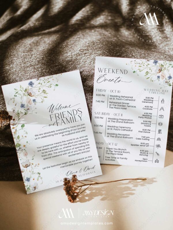 Boho Wildflower Wedding Welcome Sign Template | Welcome To Our Wedding Wildflower Wedding Schedule of Events Card | Wedding Weekend Timeline Printable