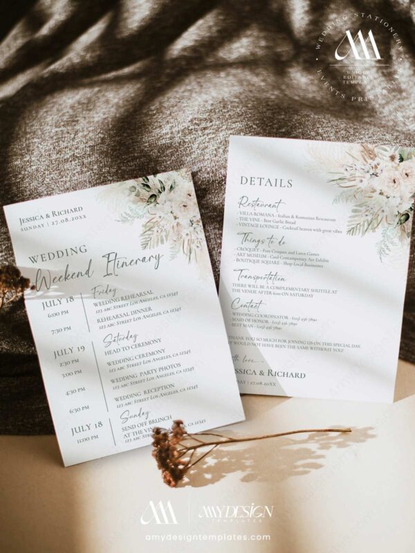 Greenery Wedding Itinerary Template Edit | Boho Wedding Schedule Events Card