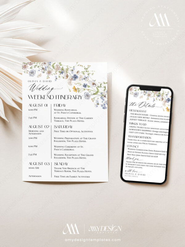 Editable Floral Wedding Weekend Itinerary Template | Wedding Events Timeline Printable