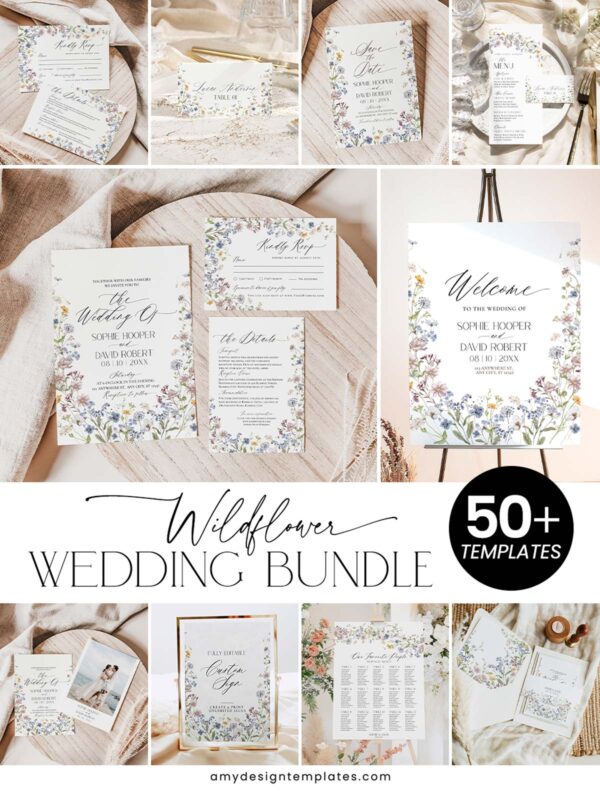 Wildflower Wedding Bundle Template | All-in-One Floral Wedding Templates Invitations & Signs