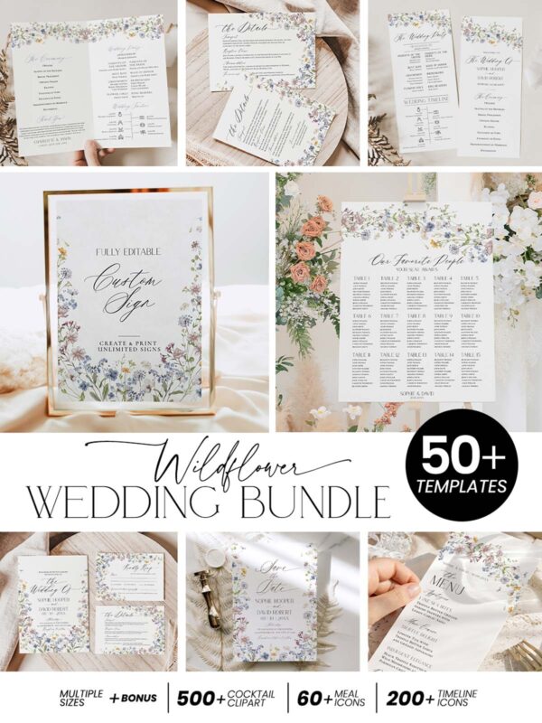 Wildflower Wedding Bundle Template | All-in-One Floral Wedding Templates Invitations & Signs