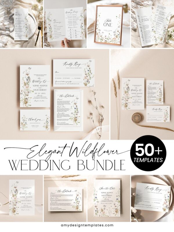 Elegant Wildflower Wedding Invitations Template Bundle | Editable Floral Invitation Suite
