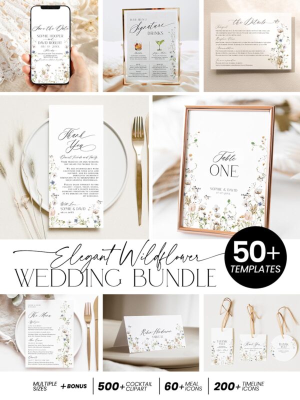 Elegant Wildflower Wedding Invitations Template Bundle | Editable Floral Invitation Suite