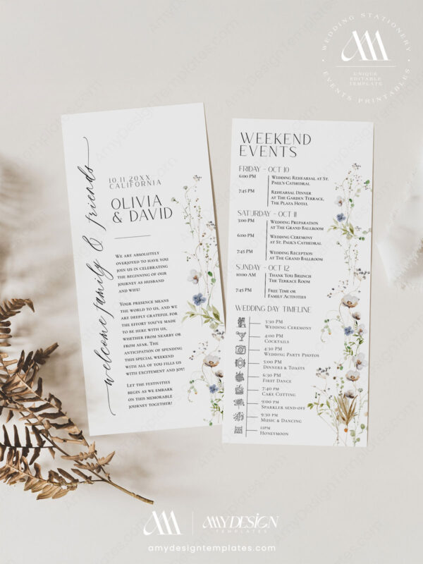 Wildflower Wedding Weekend Itinerary Template | Schedule Timeline Editable Printable