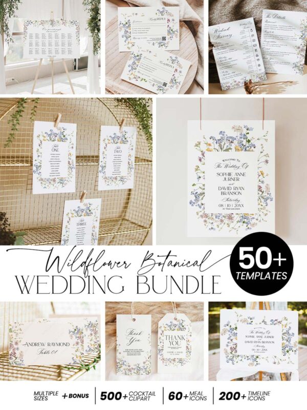 Wildflower Botanical Wedding Bundle | Complete Wedding Stationery Kit 50+ Templates