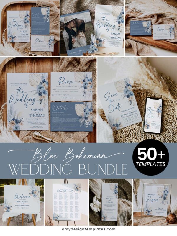 Blue Bohemian Wedding Bundle Template | Complete Wedding Stationery Kit (50+ Templates) Editable Signs & Reception