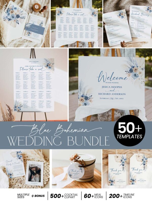 Blue Bohemian Wedding Bundle Template | Complete Wedding Stationery Kit (50+ Templates) Editable Signs & Reception
