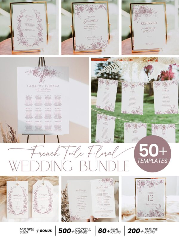 French Toile Floral Wedding Invitations Template Bundle | All-in-One Wedding Templates Invitations, Signs
