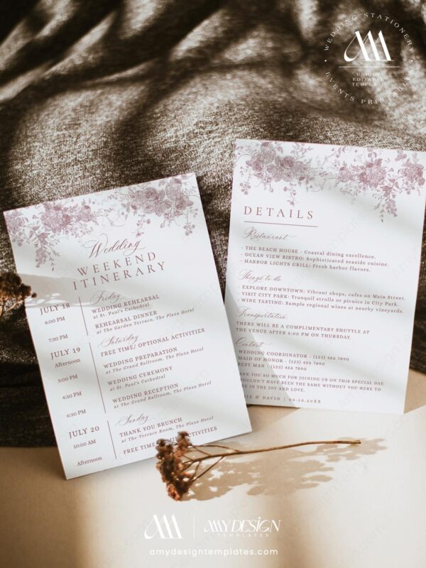 French Floral Welcome Bag Letter Editable Template | Chinoiserie Wedding Itinerary Timeline