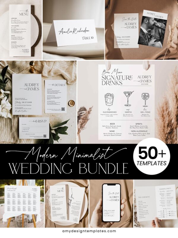 Modern Minimalist Wedding Bundle | 50+ Templates Editable Invitations, Signs & Reception Templates