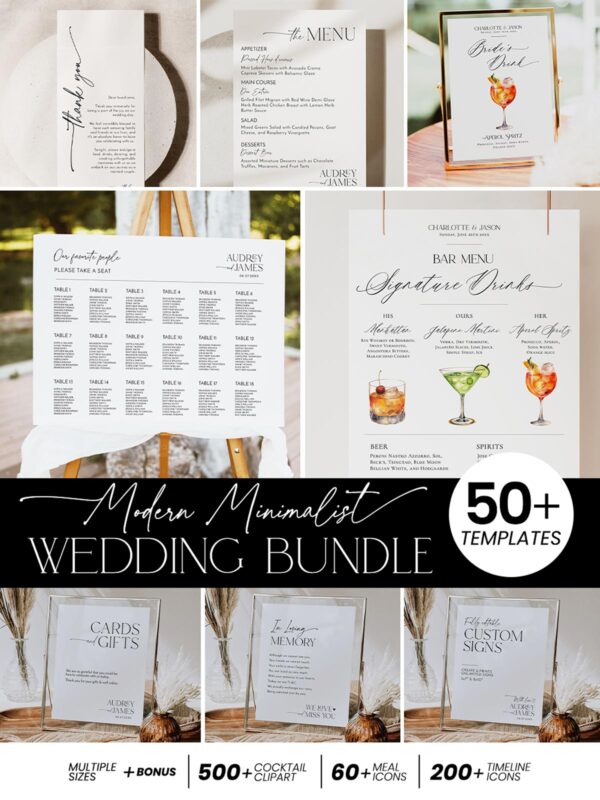 Modern Minimalist Wedding Bundle | 50+ Templates Editable Invitations, Signs & Reception Templates