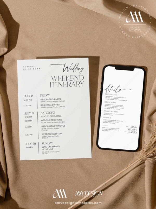 Minimalist Weekend Itinerary Printable Wedding | Welcome Bag Note Timeline Card Printable